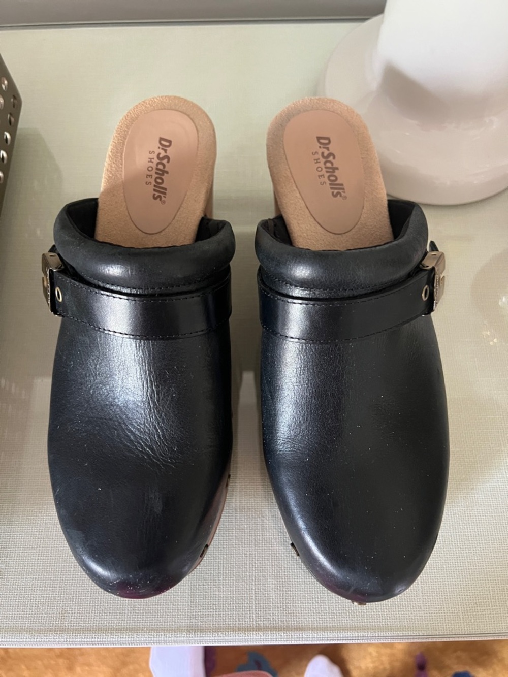 Dr. Scholl's Black Leather Clog Mules with Buckle